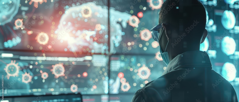 Aufkleber scientist analyzing data on multiple screens, focusing on virus detection and medical research innov