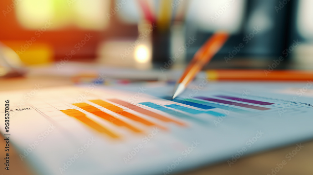 Poster a close-up of a colorful bar chart being analyzed with a pencil, suggesting data review or financial