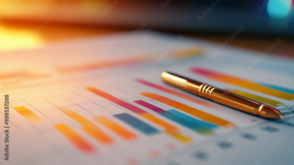 Poster a close-up of a pen resting on papers with colorful bar graphs, illuminated by warm light, indicatin