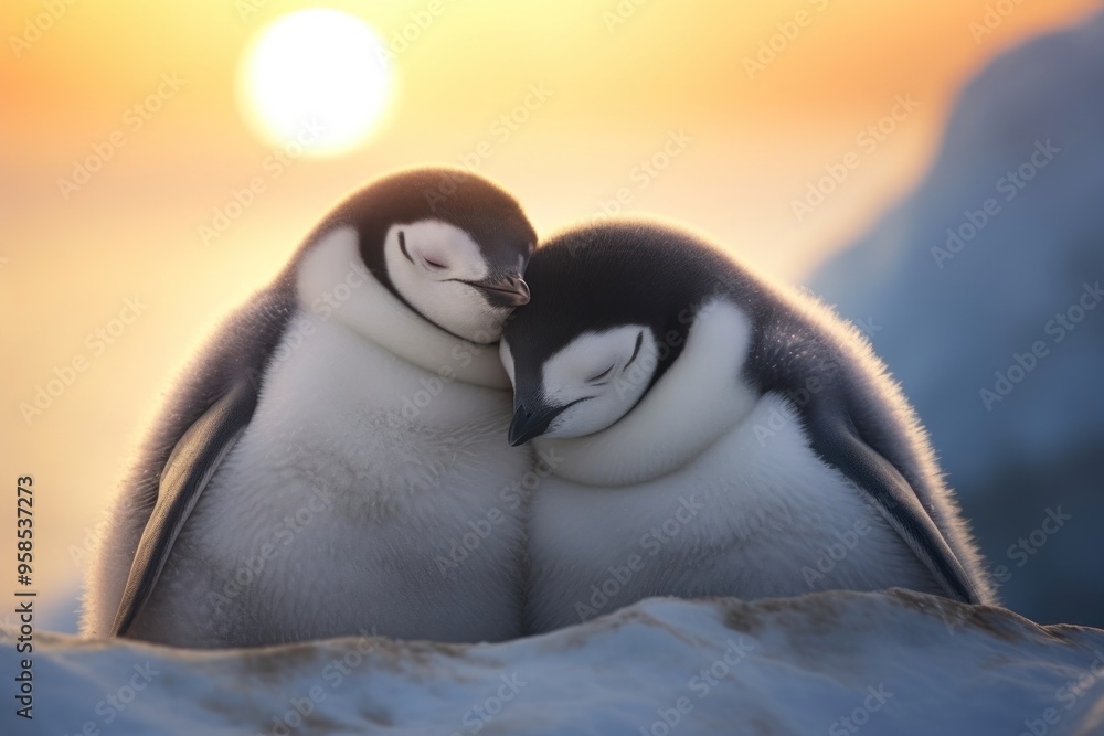 Sticker Penguin cuddling penguin animal bird.