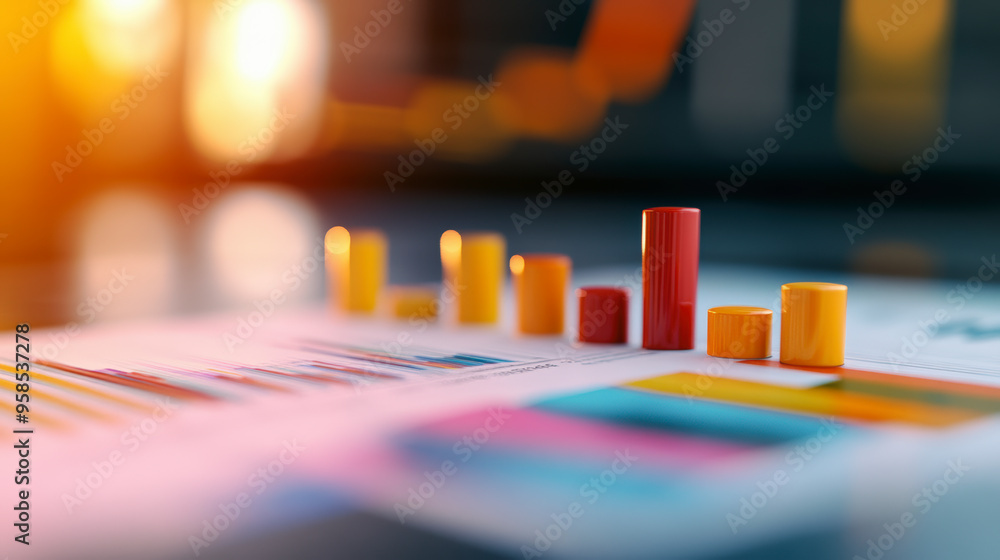 Poster a close-up of colorful bar graphs displayed on charts, symbolizing data analysis and financial trend