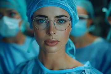 Close-up of a determined female surgeon in scrubs and protective eyewear, with a focused expression in a surgical environment. Ideal for themes of healthcare, professionalism, and medical