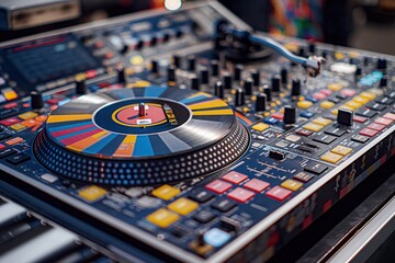 A detailed view of a colorful turntable and sound mixer highlights the vibrant controls during an energetic music session.