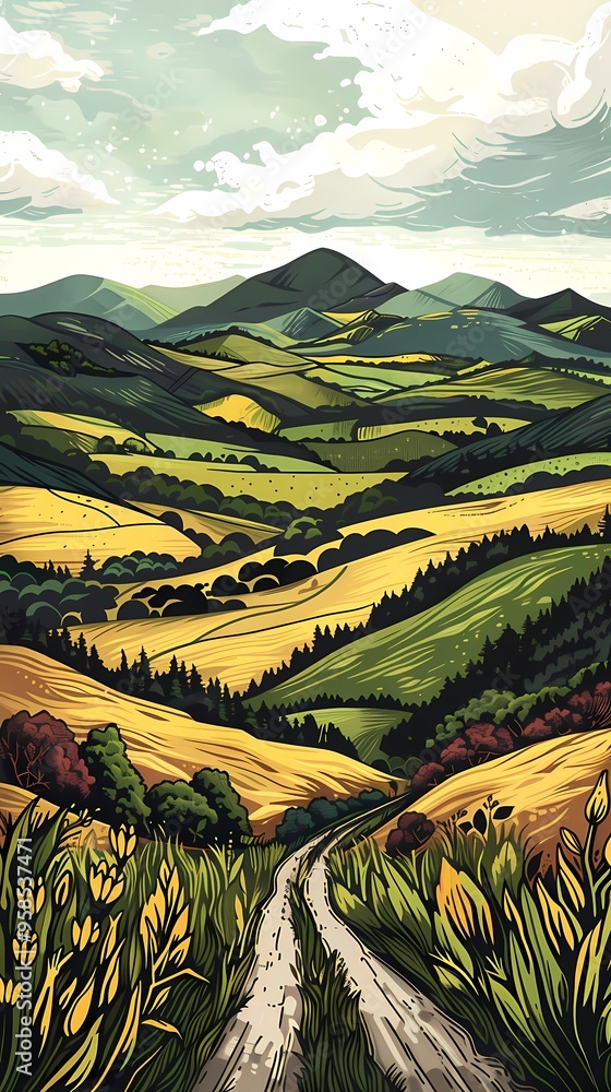 Wall mural distant mountains and fields illustration poster background