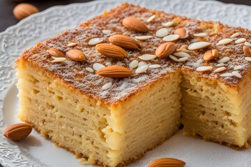 Egyptian basbousa a semolina cake soaked in syrup garnished with almonds, Ai Generated