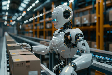 Fototapeta premium Robot at work in the factory. Warehouse working on production line. 