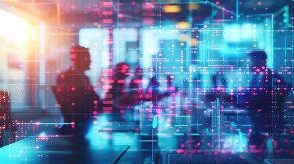 Fototapeta premium Silhouetted professionals in a vibrant, digital workspace, exploring data insights with a futuristic ambiance.