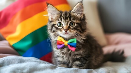 A fluffy kitten with a rainbow bow tie, sitting on a cushion with an LGBTQ flag in the background