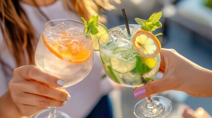 Two Women Toasting with Refreshing Gin and Tonic Cocktails