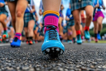A close-up image capturing the colorful footwear of participants during a lively street parade, emphasizing diversity, energy, and vibrant cultural celebration.