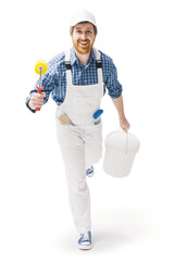 Efficient house painter holding work tools and running © StockPhotoPro