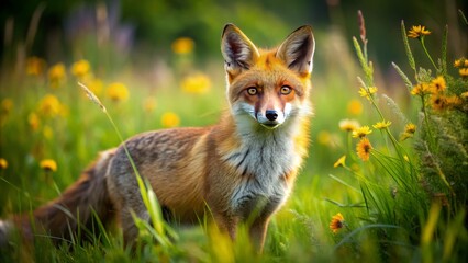 A curious red fox with piercing yellow eyes and bushy orange tail stands alert in a lush green