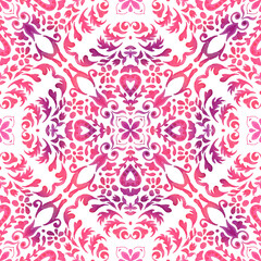 Watercolor floral damask classic tiles. Hand drawn flourish vignette seamless pattern.