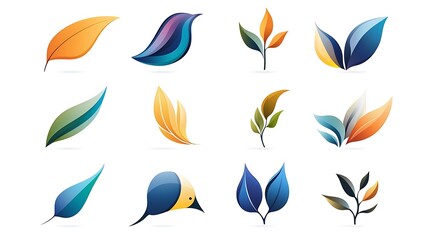 Obraz premium A colorful set of abstract logos featuring leaves and birds, blending nature with artistic design.