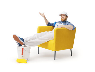 House painter sitting and showing his completed work © StockPhotoPro