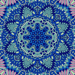 Ethnic design medallion. Mandala flower ethnic seamless pattern. Vector intricate snowflake. Colorful repeating kaleidoscopic background arabesque.