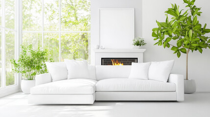 Fototapeta premium Modern living room with large white sectional sofa, fireplace, and abundant natural light from large windows. Green plants add a touch of nature.
