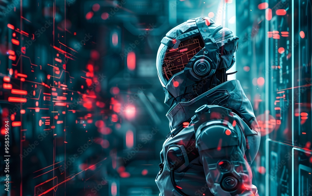 Poster futuristic astronaut in high-tech suit standing in a neon-lit cyber environment with digital interfa