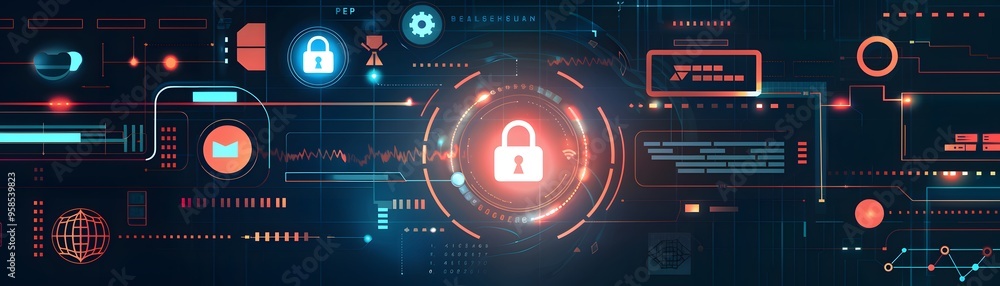 Poster futuristic cybersecurity interface with locked padlock icons, representing data protection and secur