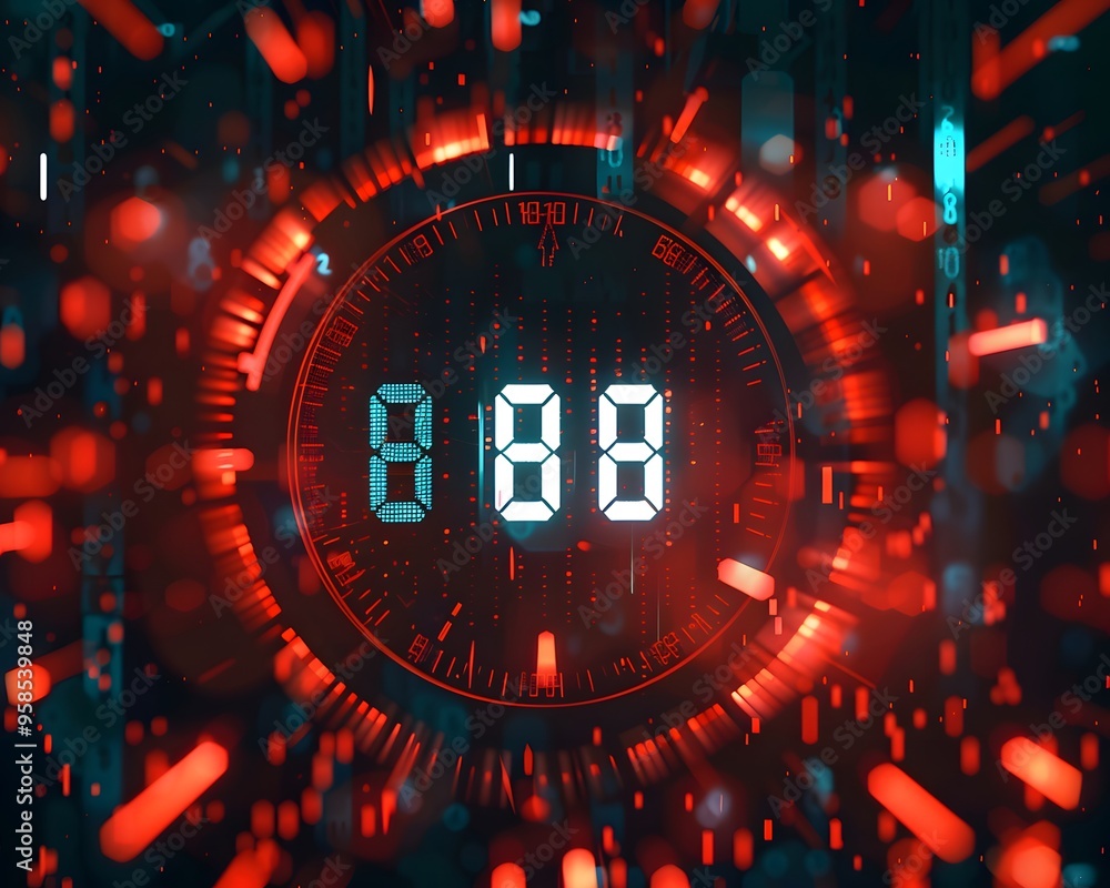 Poster futuristic digital countdown timer in a vibrant neon environment with glowing numbers and dynamic li