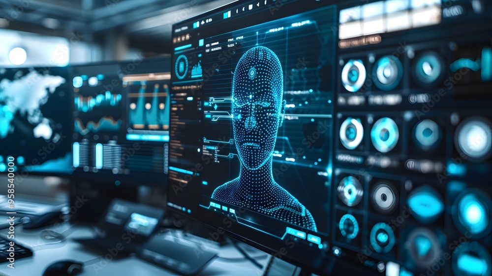 Poster futuristic digital interface displays with biometrics and data analysis in a high-tech control room,