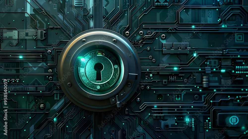 Poster futuristic digital security concept with a glowing keyhole in the center, surrounded by intricate ci
