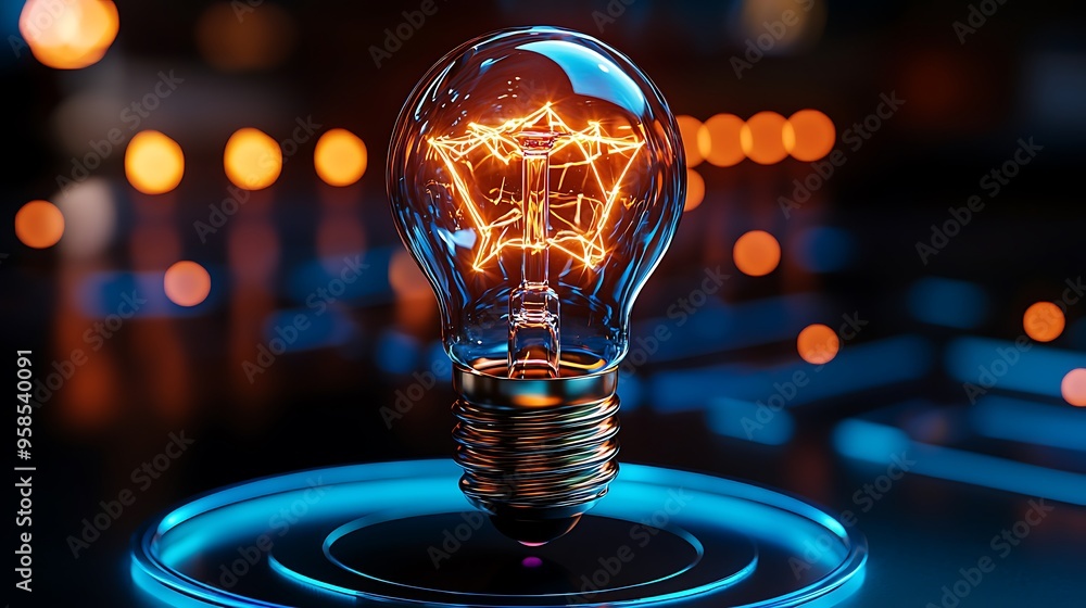 Poster an illuminated light bulb on a glowing blue platform, representing the concept of innovation and the