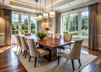 Fototapeta premium The elegant dining space is defined by a warm wooden table, comfortable upholstered chairs, and a generous window