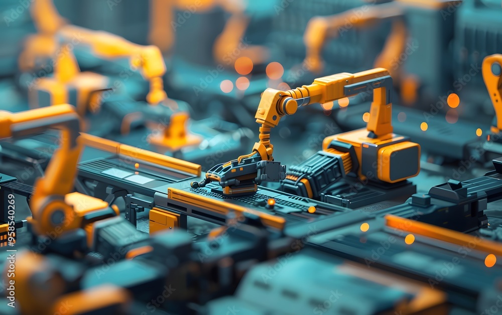 Poster futuristic industrial automation with robotic arms at work in a modern factory for production and as