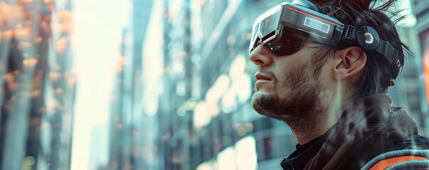 Futuristic man with augmented reality headset exploring a high-tech urban environment, blending reality with digital elements.