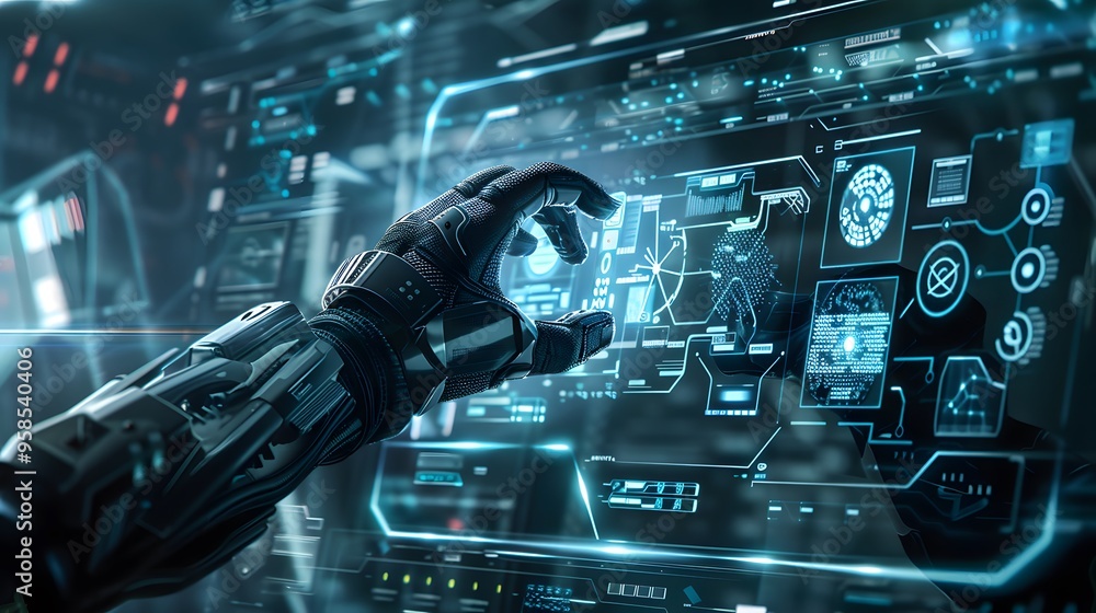 Poster futuristic robotic hand interacting with holographic interface displaying digital data and advanced 