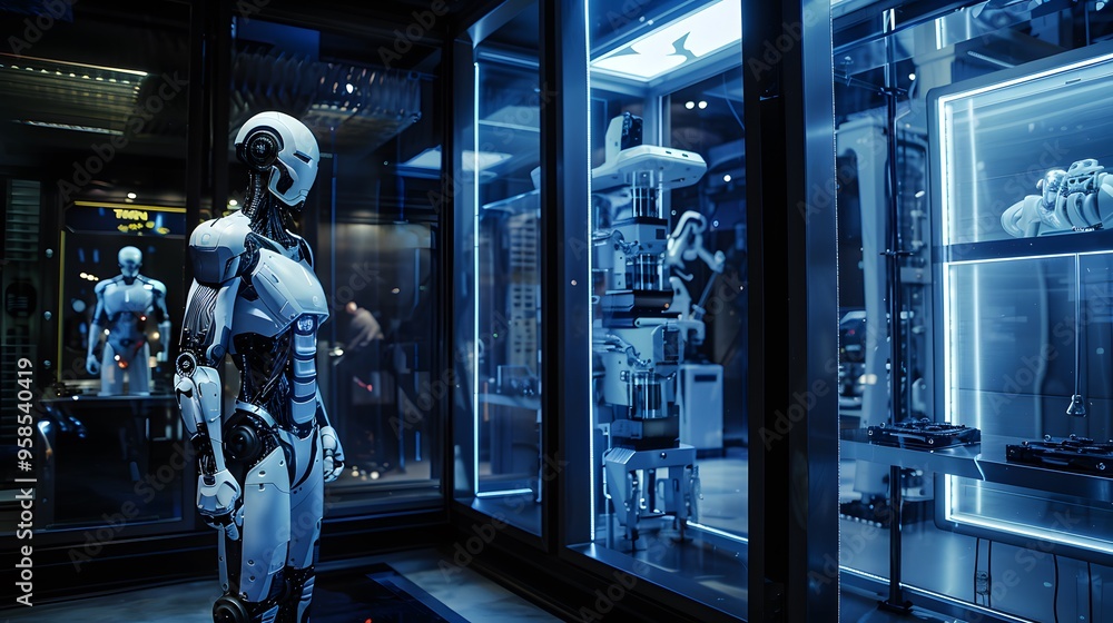 Poster futuristic robots in a laboratory setting, showcasing advanced artificial intelligence technology an