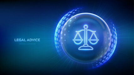 Labor law, Lawyer, Attorney at law, Legal advice. Justice icon inside transparent protection sphere shield with hexagon pattern. Internet law as digital online legal services. Vector Illustration.