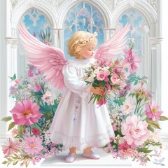 A beautiful angel holds a bouquet of flowers, surrounded by a vibrant floral backdrop in a serene, ethereal setting.