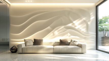 Modern living room with a sofa against a wave-patterned wall, giving a sense of movement and flow.
living room interior design 