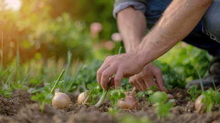 People growing onions and coriander People pick coriander onions in a beautiful garden.