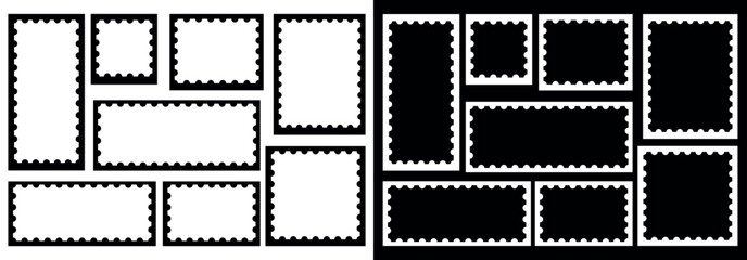 Set of Postage stamps. Black and white Postage stamp borders. Postmark icons. Postage Stamps collection. Vector illustration isolated.