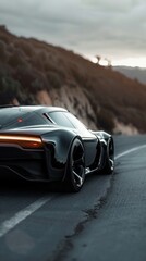 Naklejka premium A black sports car speeds on a mountain road at dawn, its design captured against a dramatic backdrop of a sunlit sky and rugged landscape.