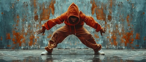 An energetic dancer in orange attire poses in front of a weathered wall, showcasing urban vibes with dynamic street dance moves.