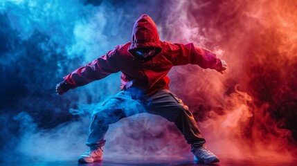 Fototapeta premium A male dancer in red hoodie and mask performs energetically in a smoke-filled studio with colorful lights, showcasing his passion for contemporary dance.