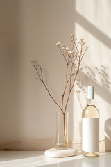 A bottle of white wine sits next to a vase of flowers