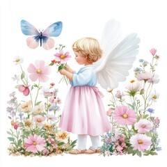 A charming angelic child surrounded by vibrant flowers and a butterfly, evoking innocence and beauty in a whimsical garden.