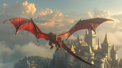 A large red dragon flies above a medieval castle in a fantastical landscape.
