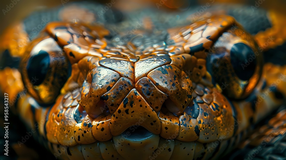 Poster extreme close-up macro photography of python or boa constrictor face with golden scales and piercing