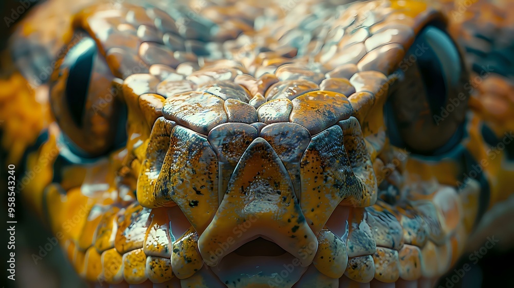 Poster extreme close-up macro photography of python or boa constrictor face with golden scales and piercing