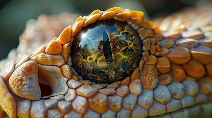 Cinematic macro shot of lizard or gecko eye with vertical pupil and golden-green scales, perfect for nature documentaries and reptilian behavior studies.