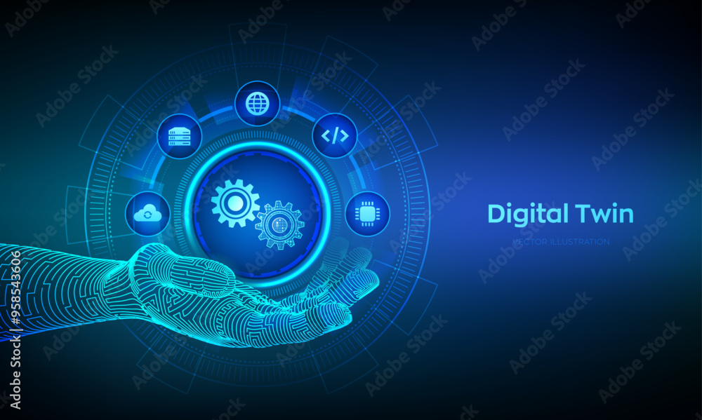 Poster digital twin business and industrial process modelling technology concept on virtual screen. innovat