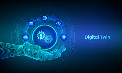 Digital twin business and industrial process modelling technology concept on virtual screen. Innovation and optimisation. Digital twin icon in wireframe hand. Vector illustration.