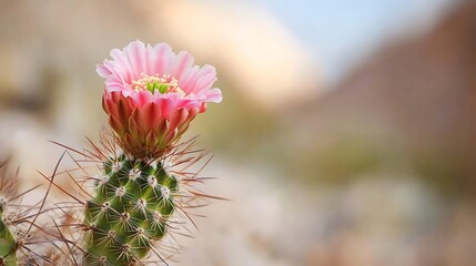 Tranquil Close-up of Blooming Cactus in Soft Natural Light with Blurred Desert Background