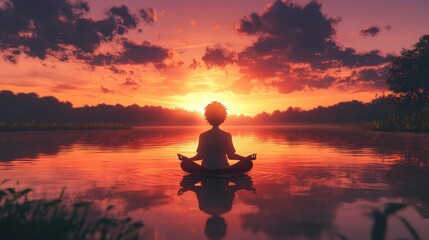 A character meditates peacefully at sunset by a lake, surrounded by gentle ripples and vibrant colors, embracing tranquility and reflection